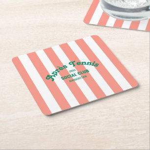 Retro Green Après Tennis Social Club Pink Stripe Square Paper Coaster