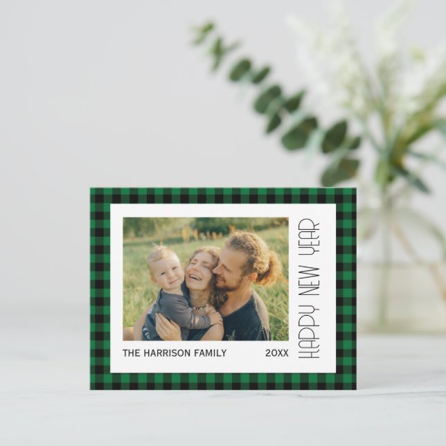 Retro Green Black Gingham Plaid New Year Photo  Postcard (Standing Front)