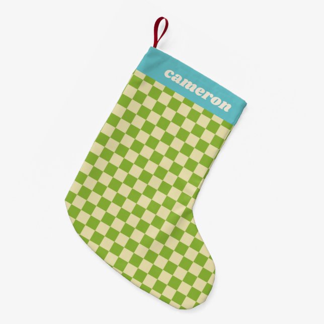 Retro Green Blue Chequerboard Personalised Name Small Christmas Stocking (Front (Hanging))