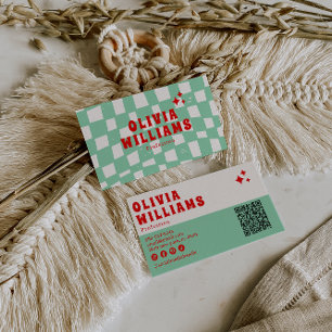 Retro Green Bold Groovy Chequered Funky QR Code Business Card
