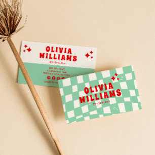 Retro Green Bold Groovy Chequered Funky trendy Business Card