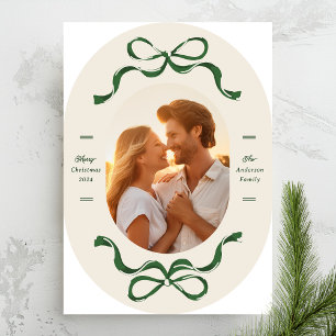 Retro Green Bows Oval Arch Photo Christmas Holiday Card