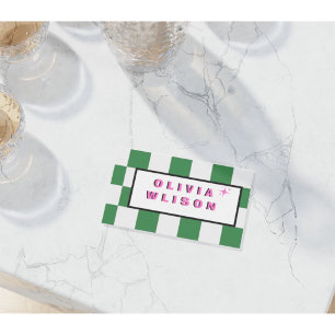 Retro Green Chequerboard Business Card Pink Bold