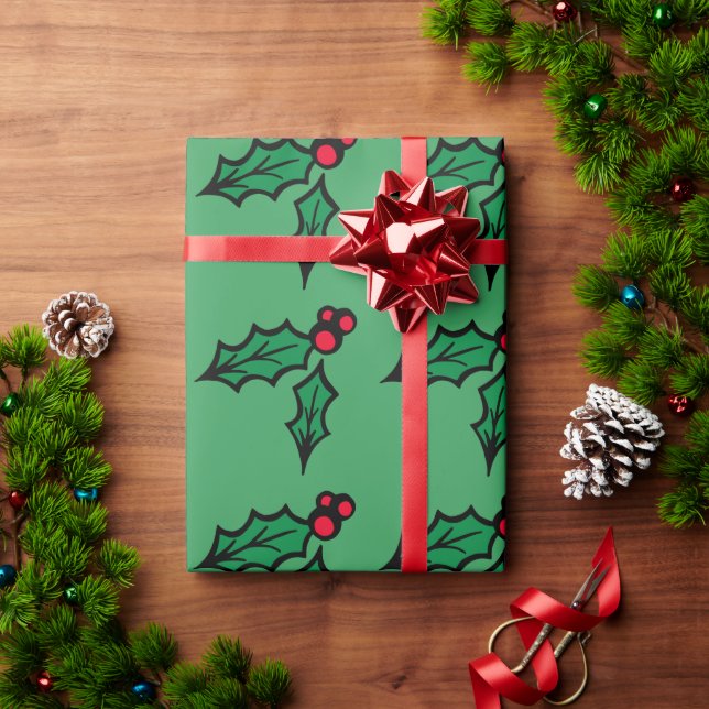 Retro Green Christmas Holly Wrapping Paper (Holiday Gift)