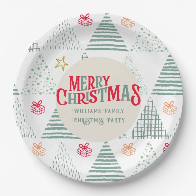 Retro Green Christmas Trees Modern Abstract Unique Paper Plate (Front)