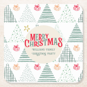 Retro Green Christmas Trees Modern Abstract Unique Square Paper Coaster