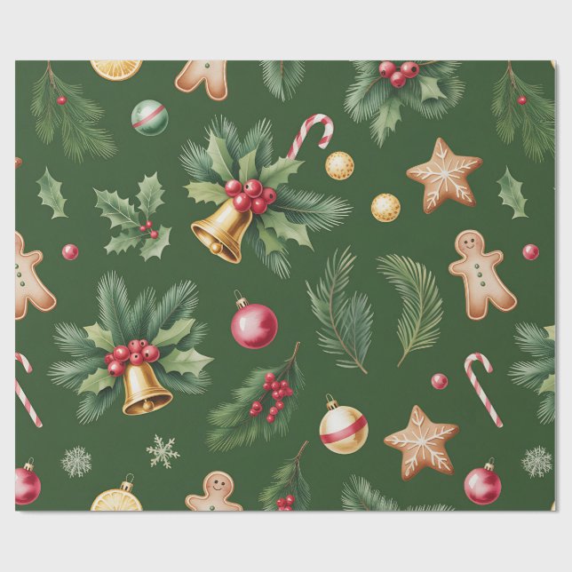 Retro Green Christmas Wrapping Pape Wrapping Paper (Flat)