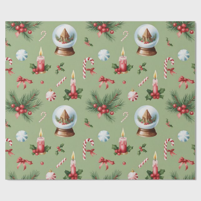 Retro Green Christmas Wrapping Paper (Flat)