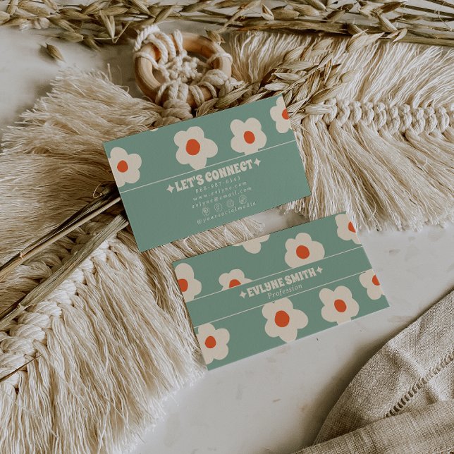 Retro Green Cream Groovy Floral Boho Unique Trendy Business Card (Creator Uploaded)