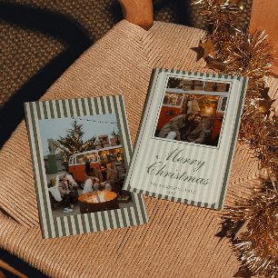 Retro Green Cream Old Money Stripes Christmas Holiday Card