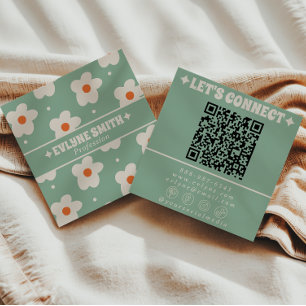 Retro Green Cream QR Code Groovy Floral Trendy Fun Square Business Card