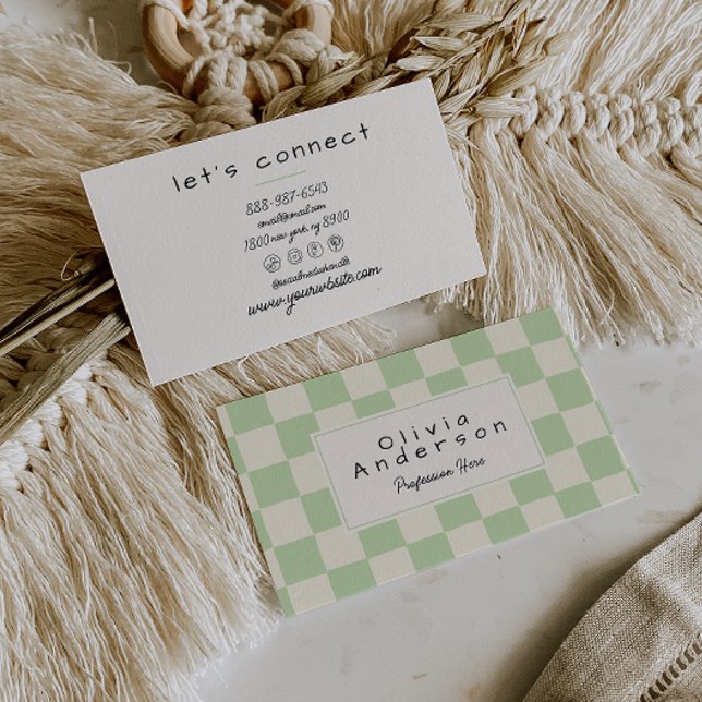 Retro Green Cream Wavy Chequered Boho Pastel Business Card (Creator Uploaded)