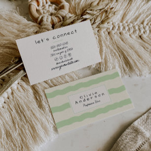 Retro Green Cream Wavy Stripes Trendy Boho Business Card