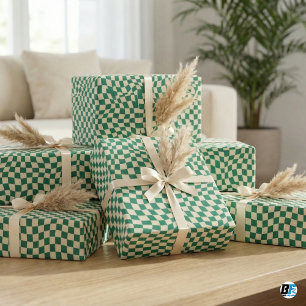 Retro Green Cream Wavy Warped Chequerboard Pattern Wrapping Paper