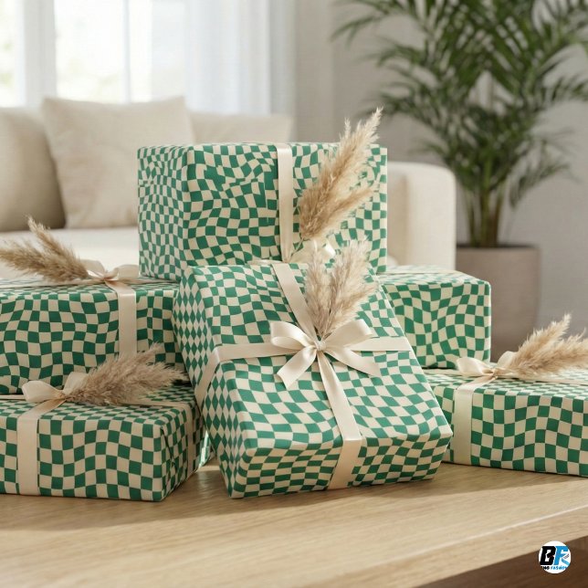 Retro Green Cream Wavy Warped Chequerboard Pattern Wrapping Paper (Creator Uploaded)