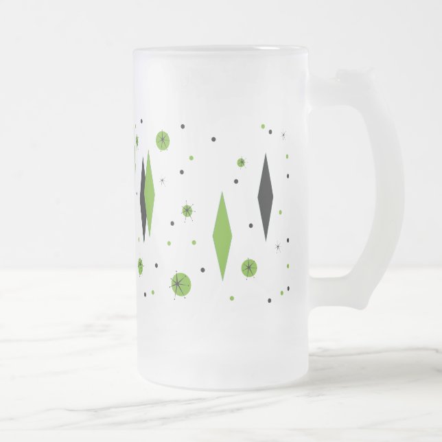 Retro Green Diamond & Starbursts Frosted Glass Mug (Right)