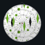 Retro Green Diamonds & Starbursts Dart Board<br><div class="desc">This customisable Retro Green Diamonds and Starbursts Dart Board is a new take on a vintage style. It features kitschy, black starbursts on green polka dots, surrounding geometric, green and black diamond shapes. Customise the background colour on this mid century modern product if you're feeling daring, or leave it white...</div>