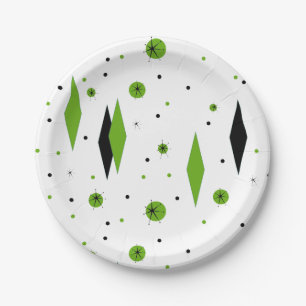 Retro Green Diamonds & Starbursts Paper Plate