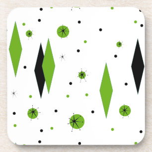 Retro Green Diamonds & Starbursts Plastic Coasters
