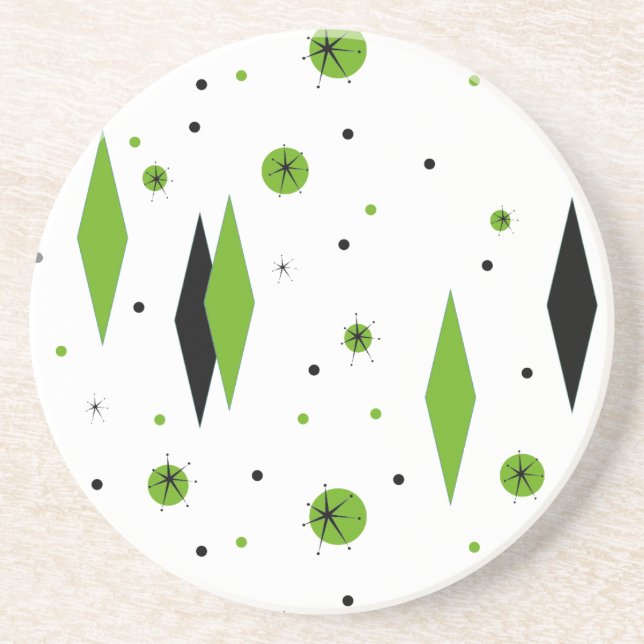 Retro Green Diamonds & Starbursts Sandstone Puzzle Coaster (Front)