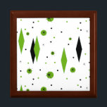 Retro Green Diamonds & Starbursts Tile Gift Box<br><div class="desc">This customisable Retro Green Diamonds and Starbursts Tile Gift Box is a new take on a vintage style. It features kitschy, black starbursts on green polka dots, surrounding geometric, green and black diamond shapes. Customise the background colour on this mid century modern product if you're feeling daring, or leave it...</div>
