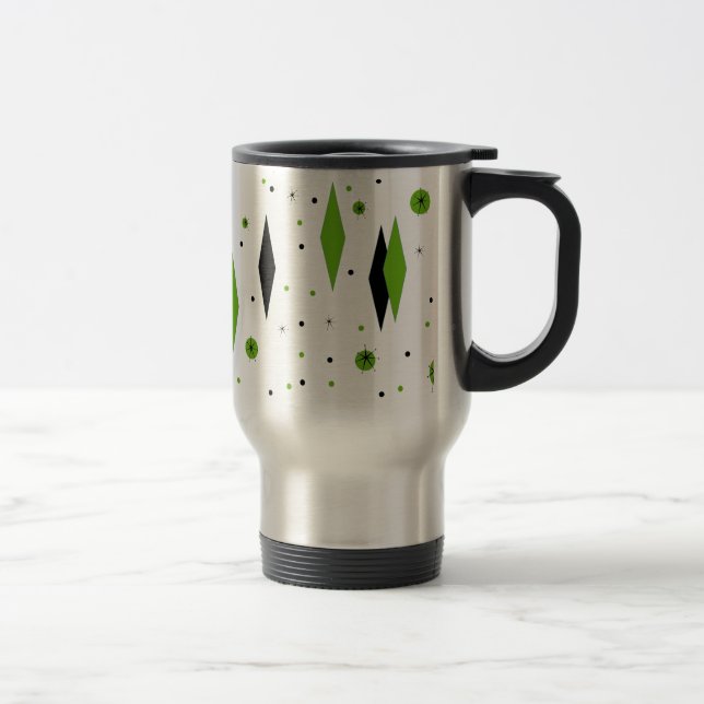 Retro Green Diamonds & Starbursts Travel Mug (Right)