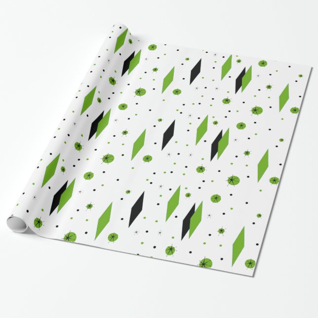 Retro Green Diamonds & Starbursts Wrapping Paper (Unrolled)