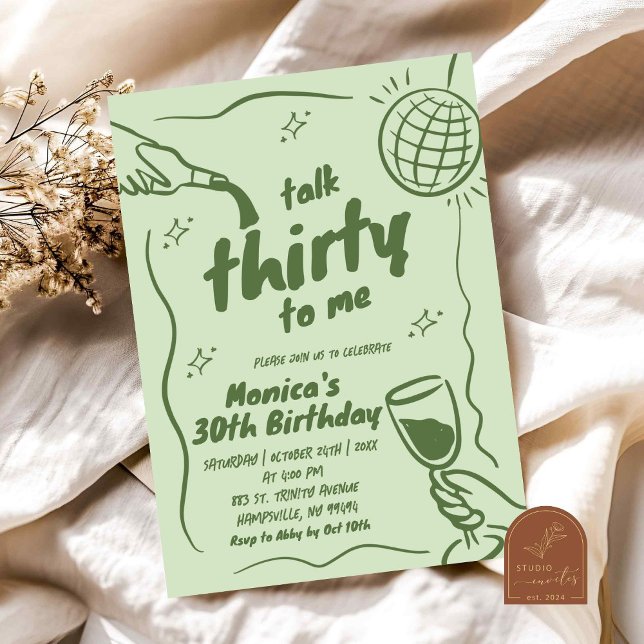 Retro Green Disco Talk Thirty 30th Birthday Invitation (Creator Uploaded)