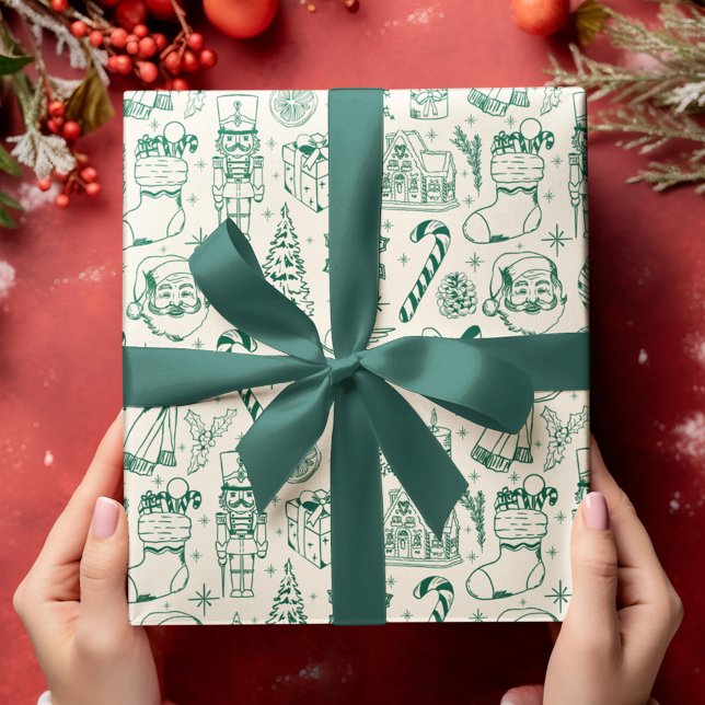 Retro Green Doodle Christmas Wrapping Paper (Creator Uploaded)