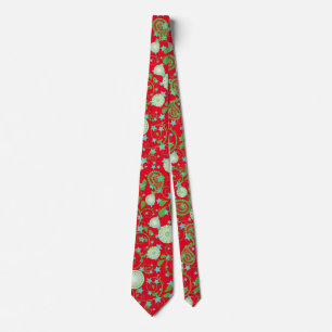 Retro green flowering plants pattern.b Red BG Tie