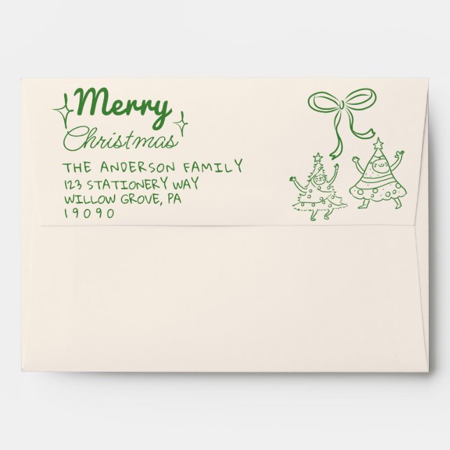 Retro Green Funny Drawn Fun Merry Christmas Trees Envelope (Back (Top Flap))