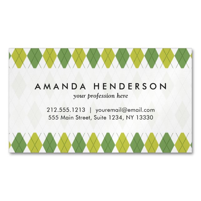 Retro Green Geometric Argyle Pattern Magnetic Business Card (Front)