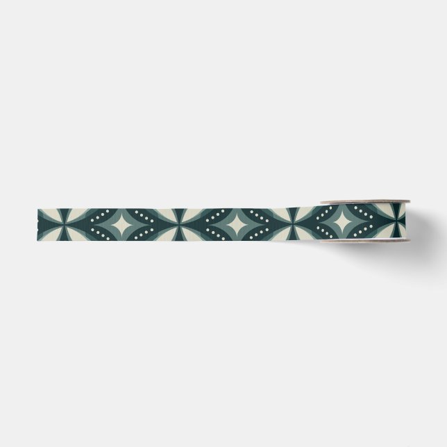 Retro Green Geometric Pattern Grosgrain Ribbon (Front)