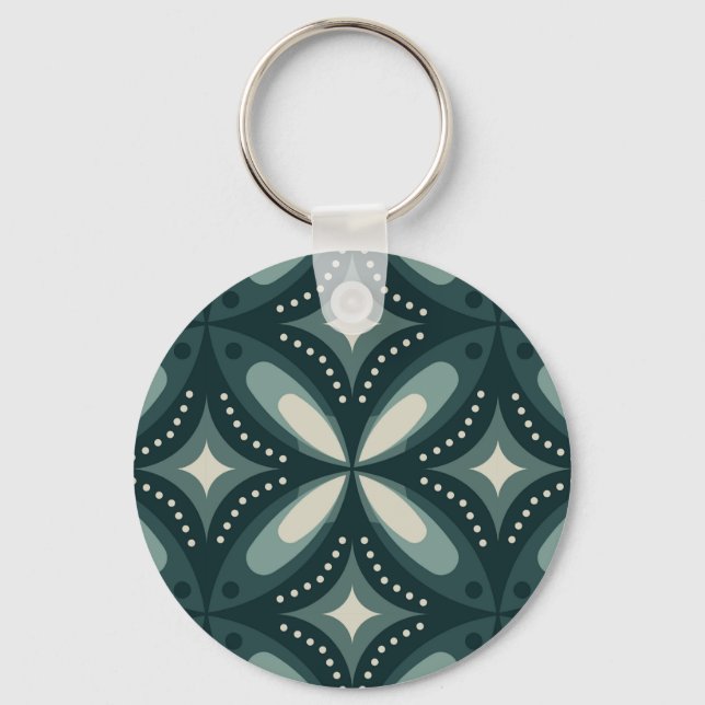 Retro Green Geometric Pattern Key Ring (Front)
