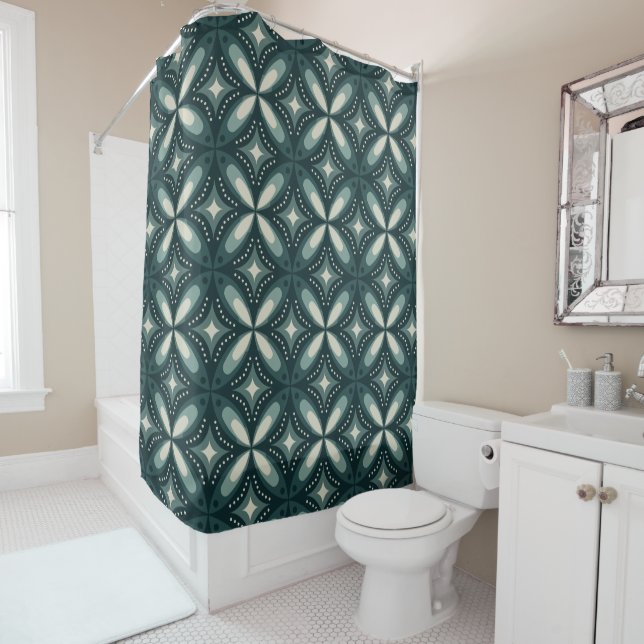 Retro Green Geometric Pattern Shower Curtain (In Situ)