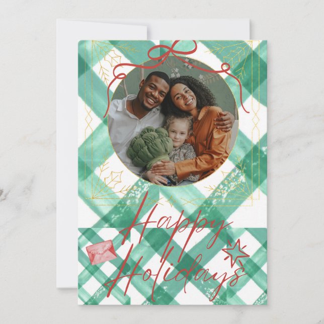 Retro green gingham holiday card (Front)