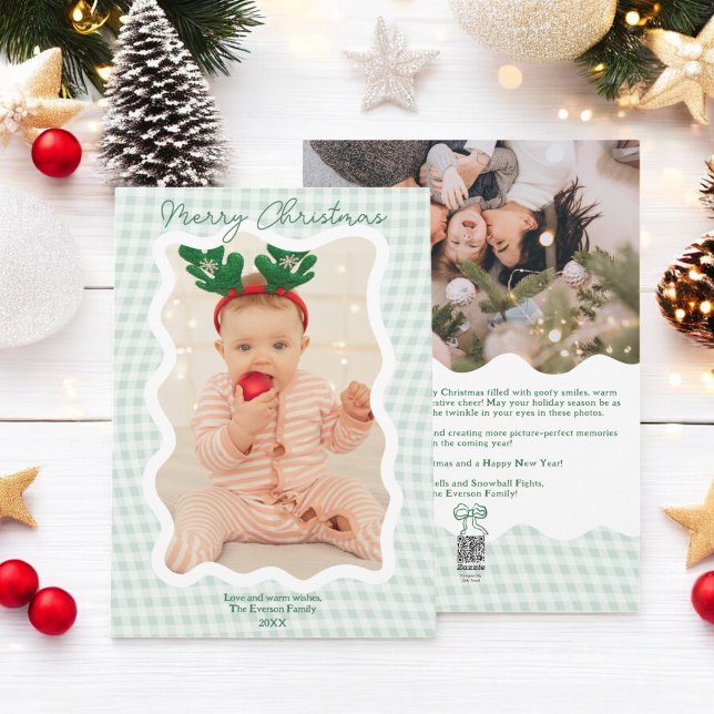 Retro green Gingham Merry Christmas Wavy 2 photos Holiday Card (Retro green Gingham Merry Christmas Wavy 2 photos Holiday Card)