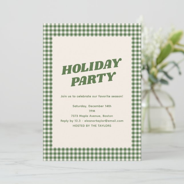Retro Green Gingham Plaid Custom Holiday Party Invitation (Standing Front)
