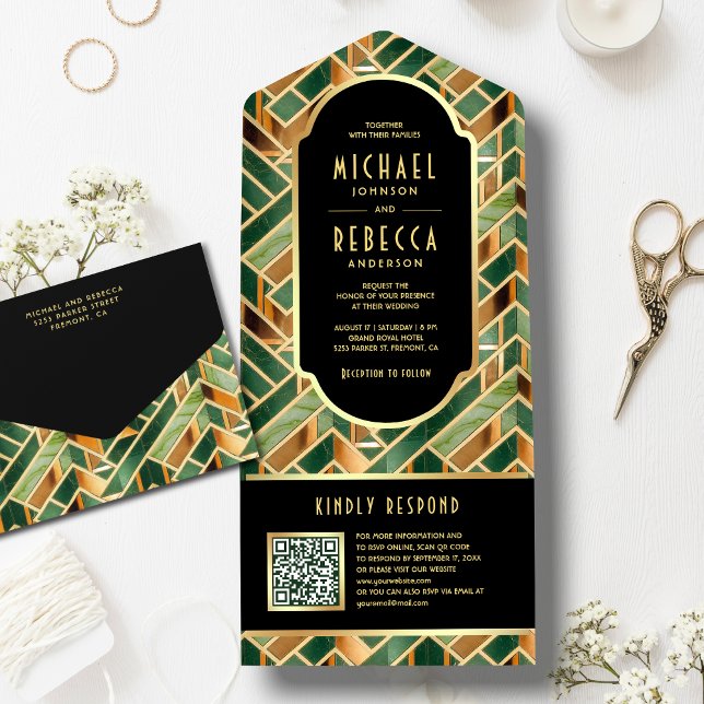 Retro Green Gold Marble Art Deco QR Code Wedding All In One Invitation (Creator Uploaded)