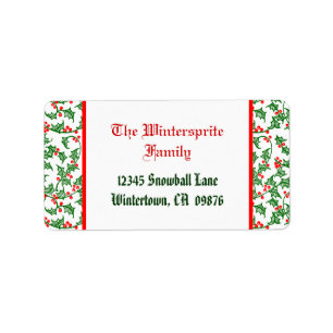 Retro green holly and red berry pattern editable label