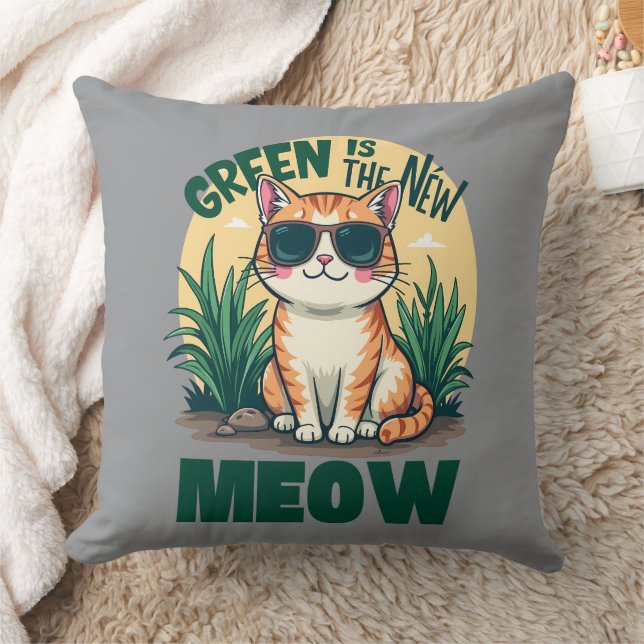 Retro "Green Is The New Meow" Cool Cat Nature Art Cushion (Blanket)