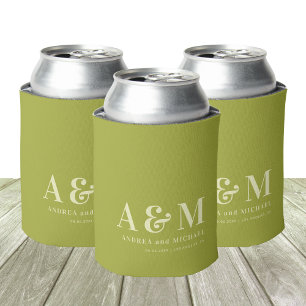Retro Green & Ivory Monogram Wedding Can Cooler