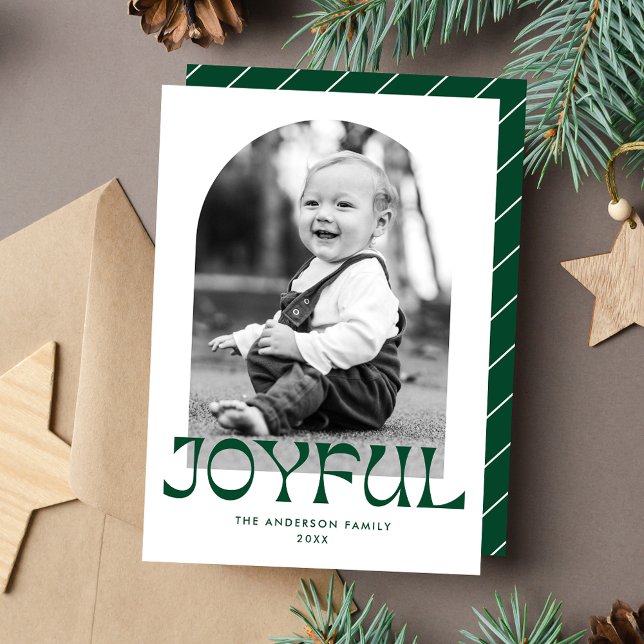 Retro Green Joyful Arch Photo Holiday Card (Creator Uploaded)