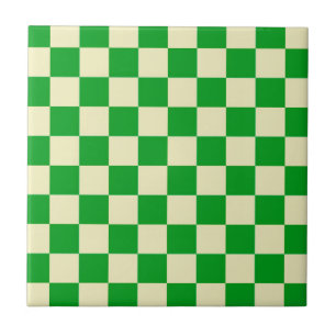 Retro Green Off White Checks Chequerboard Pattern  Tile