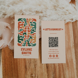 Retro Green Orange QR Code Groovy Floral Boho Business Card