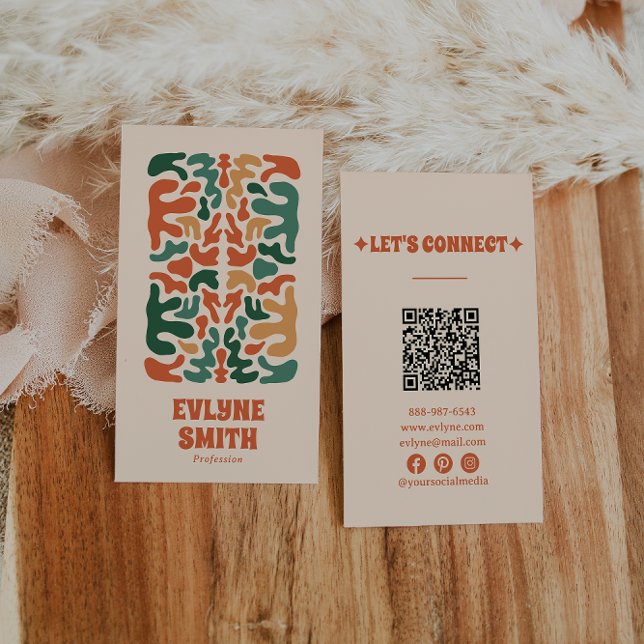 Retro Green Orange QR Code Groovy Floral Boho Business Card (Creator Uploaded)