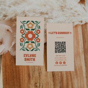 Retro Green Orange QR Code Groovy Floral Fun Boho Business Card