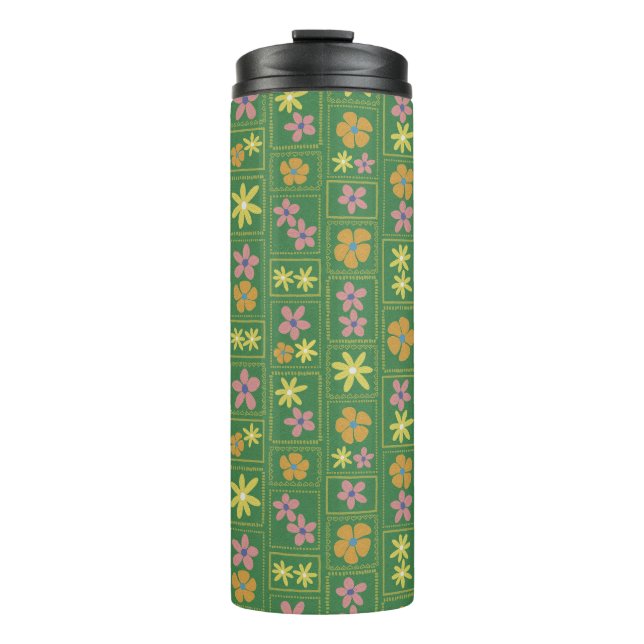Retro Green Patchwork Floral Thermal Tumbler (Front)