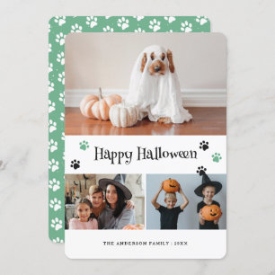 Retro Green Paw Print Pet Photo Halloween Card