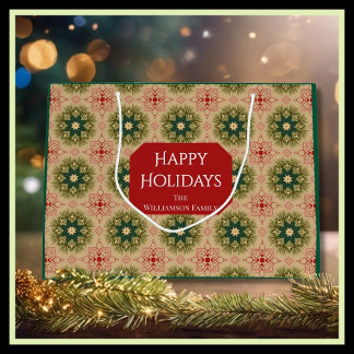 Retro Green Pine Star Red Lace Design Christmas Large Gift Bag